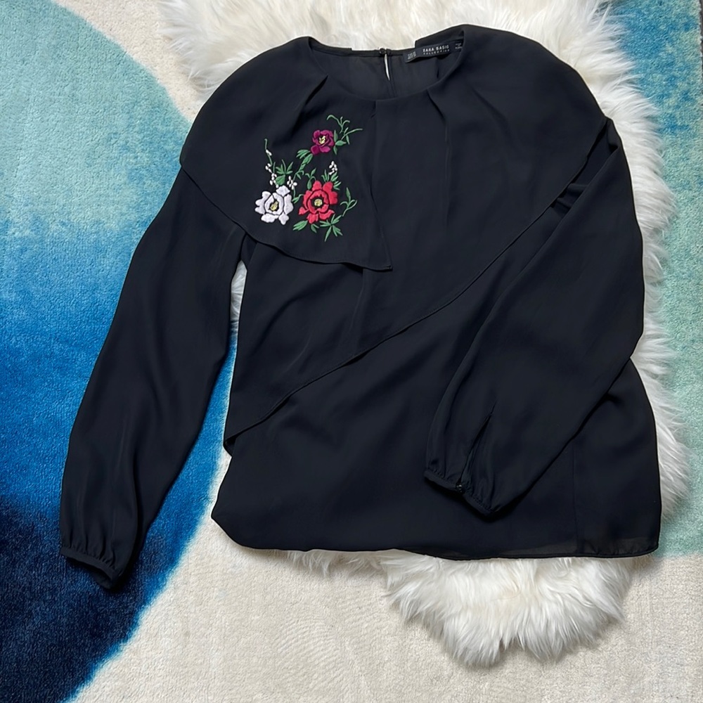 Zara Floral Embroidered Tier Ruffle Long Sleeve Top XS